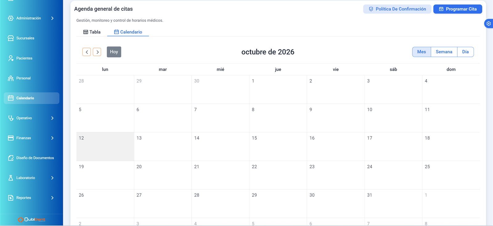 Agenda general de citas del consultorio dental en vista de calendario