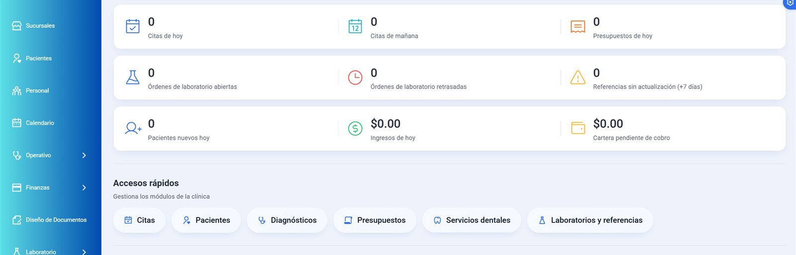 Panel de inicio del software para consultorio dental: citas, presupuestos, ingresos y cartera pendiente
